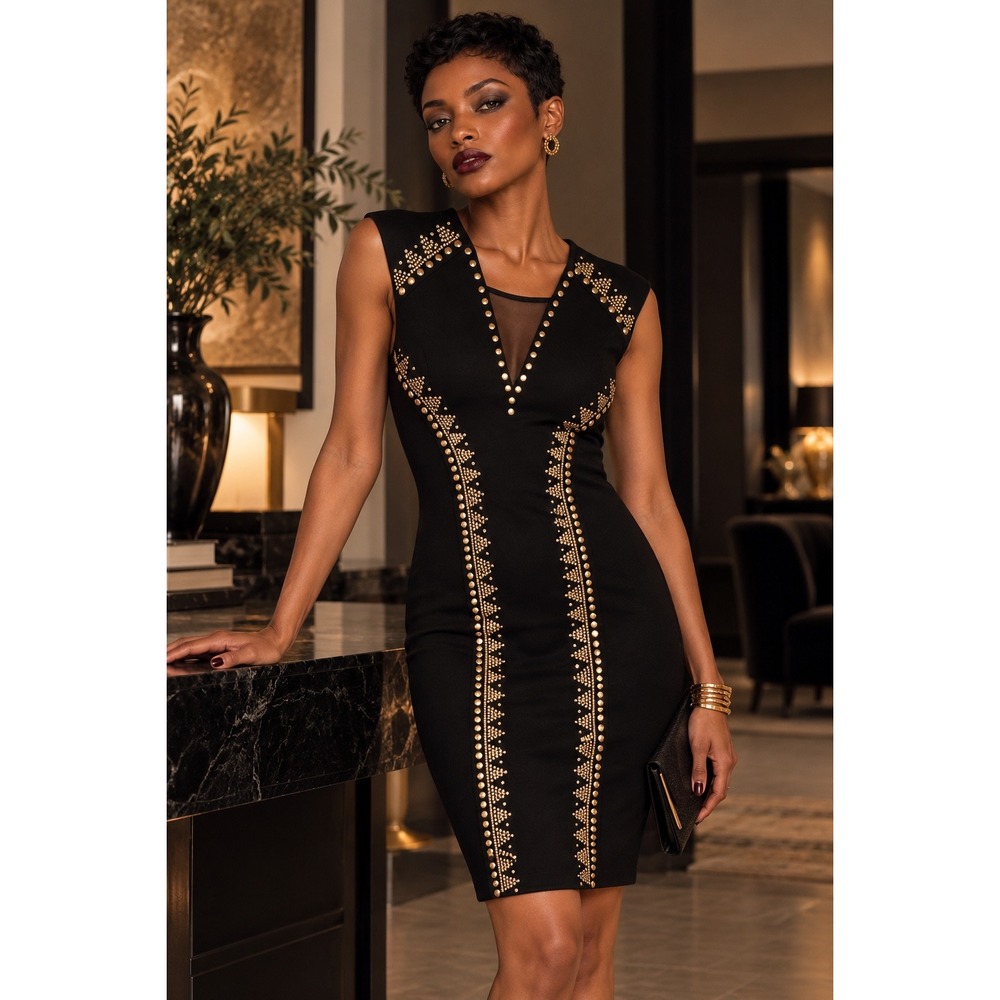 Cache Size 6 Black Studded Bodycon Cocktail Dress Gold Mesh